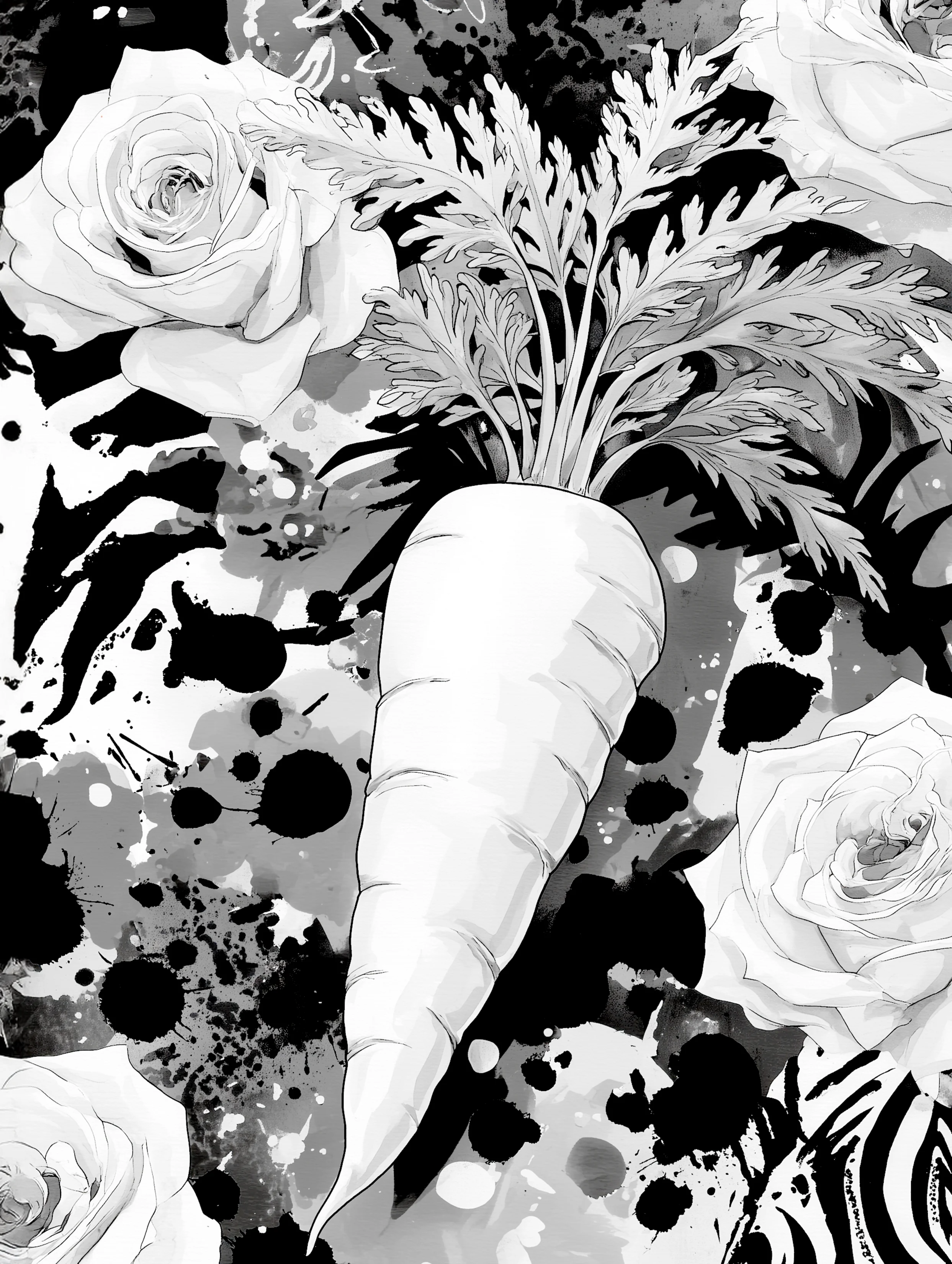 Free printable carrot coloring page for adults featuring splotches background carrot